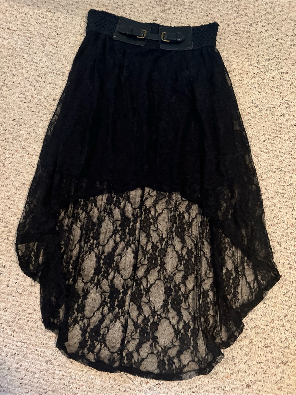 Black Lace High-Low Skirt with faux leather Buckle Waistband
